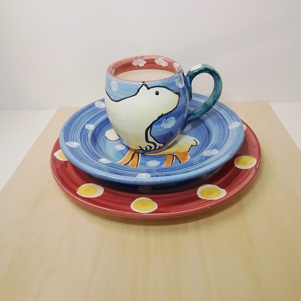 Made in Italy Ceramic‎ Mug Plate Set vietri Animals Polar Bear Moose Penguin